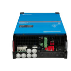 Victron MultiPlus-II inverter charger rear view showing AC and DC terminals, circuit breakers, and cooling vents on blue casi