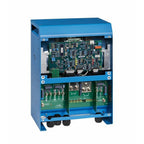 Blue metal enclosure with internal circuit boards and green battery terminals, interior product view of an inverter charger.