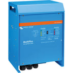 Victron MultiPlus inverter charger, blue metal enclosure with orange stripe, control panel with indicator lights and switches