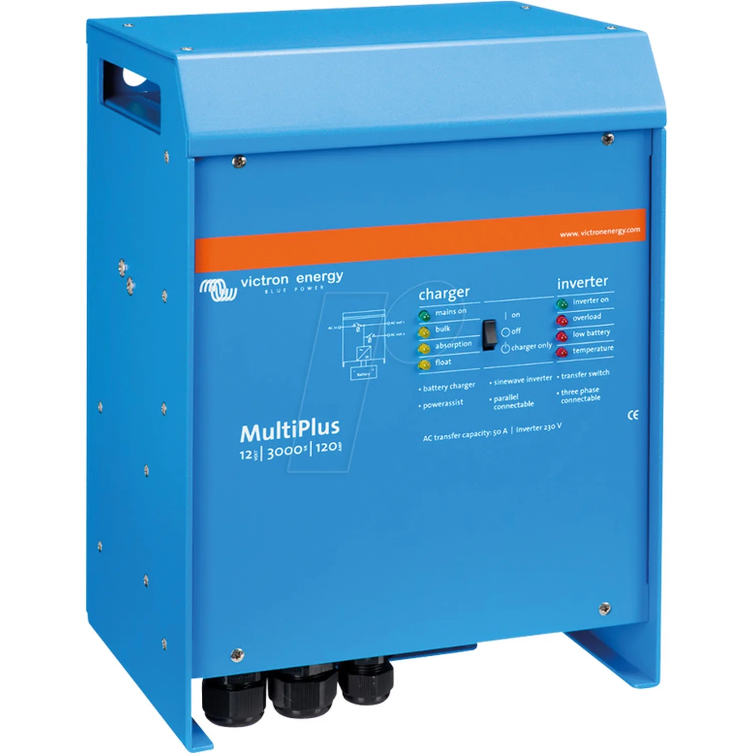 Victron MultiPlus inverter charger, blue metal enclosure with orange stripe, control panel with indicator lights and switches
