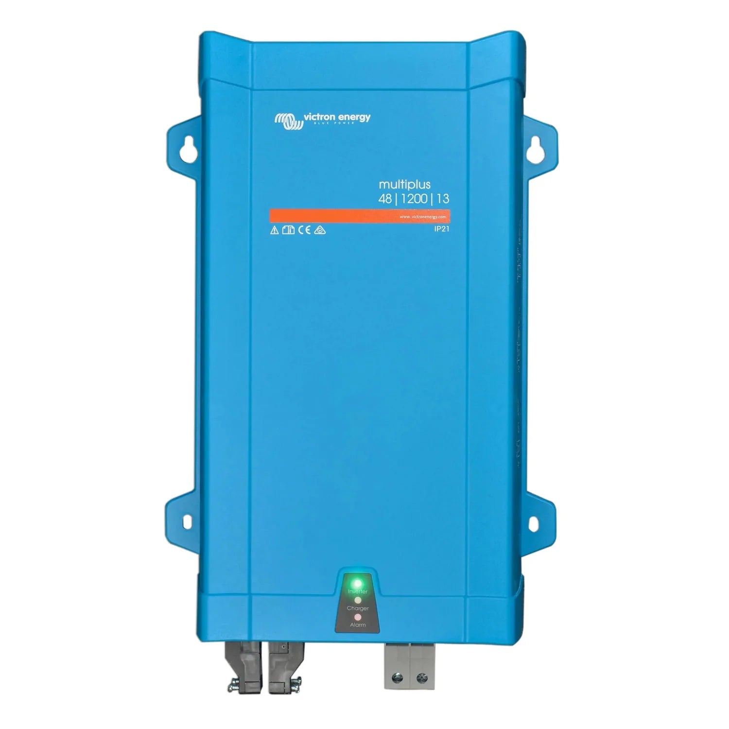 Victron Energy MultiPlus 48/1200/13 inverter charger, blue rectangular device with mounting brackets and status indicator lig