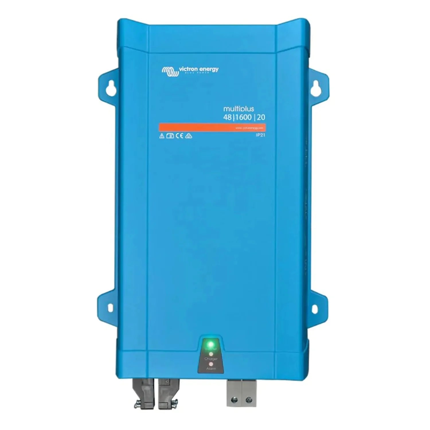 Blue Victron Energy MultiPlus 48/1600/20 inverter charger with mounting brackets and terminal connections, front view product