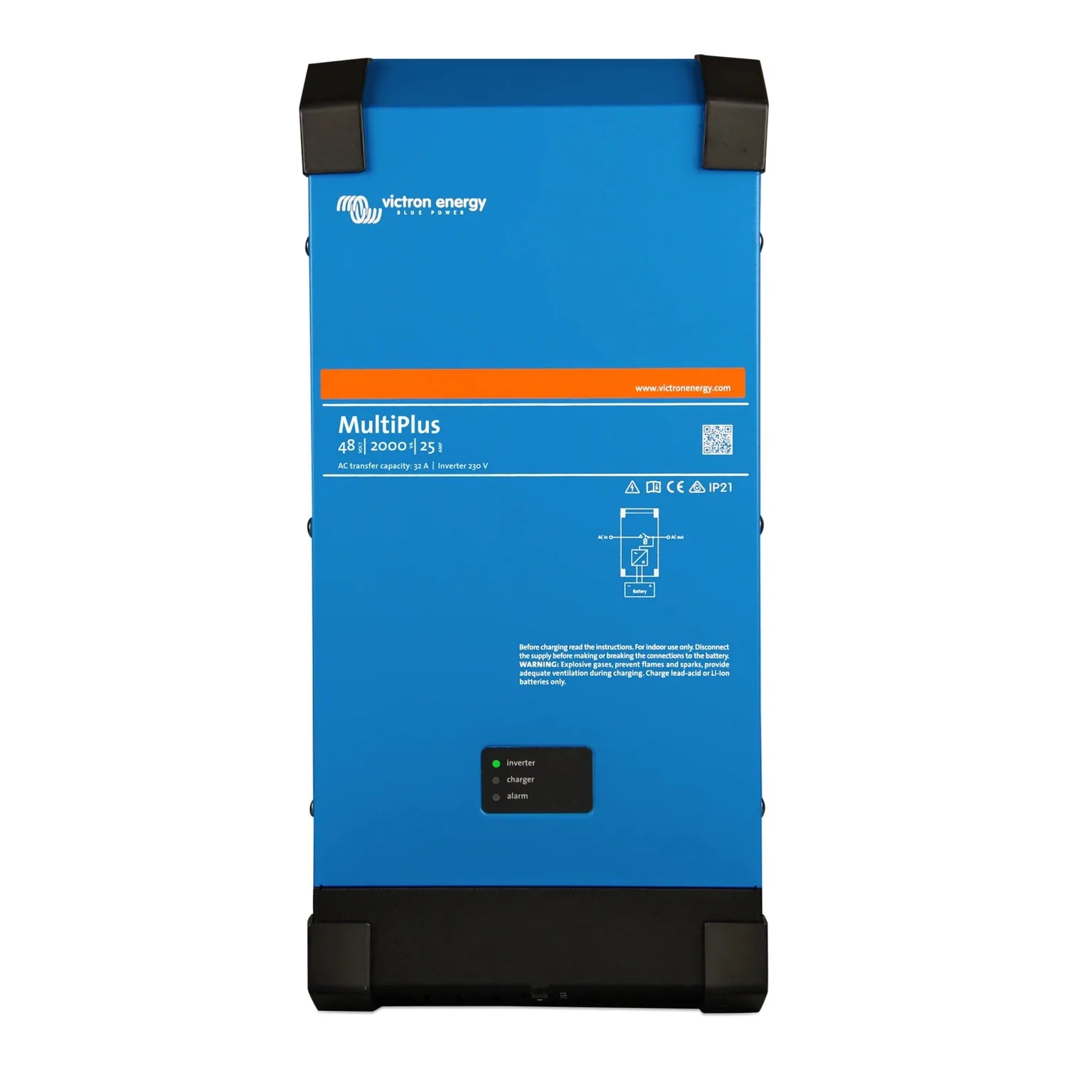 Victron Energy MultiPlus 48/2000/25 inverter charger, blue metal enclosure with black corners and status indicator lights.