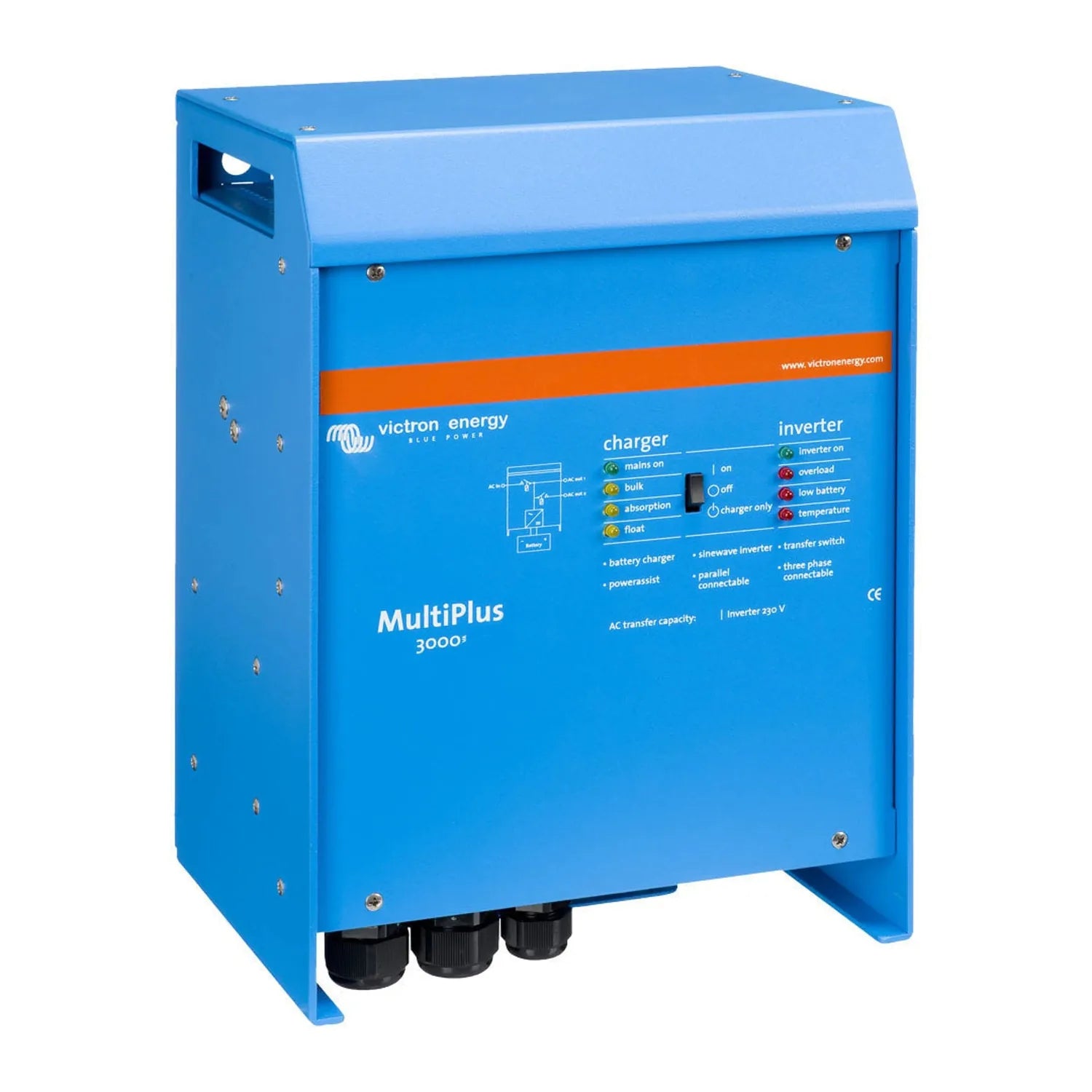 Victron Energy MultiPlus 3000 blue inverter charger unit with orange stripe, showing control panel and status indicators.