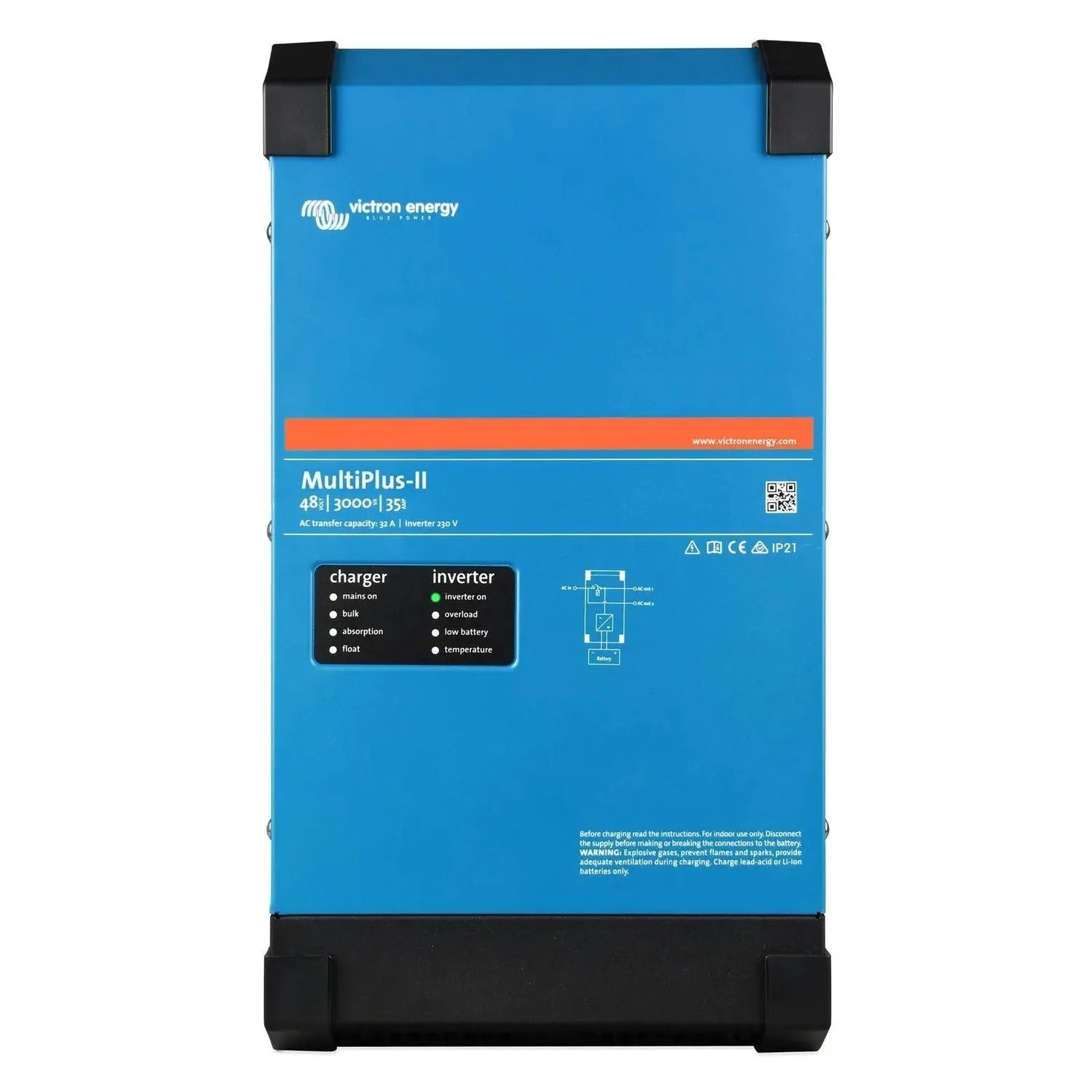 Victron Energy MultiPlus-II 48/3000/35 battery charger inverter, blue front panel with status indicators and specifications.