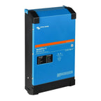 Victron Energy MultiPlus-II blue and black battery charger inverter unit with status indicator panel and mounting brackets.
