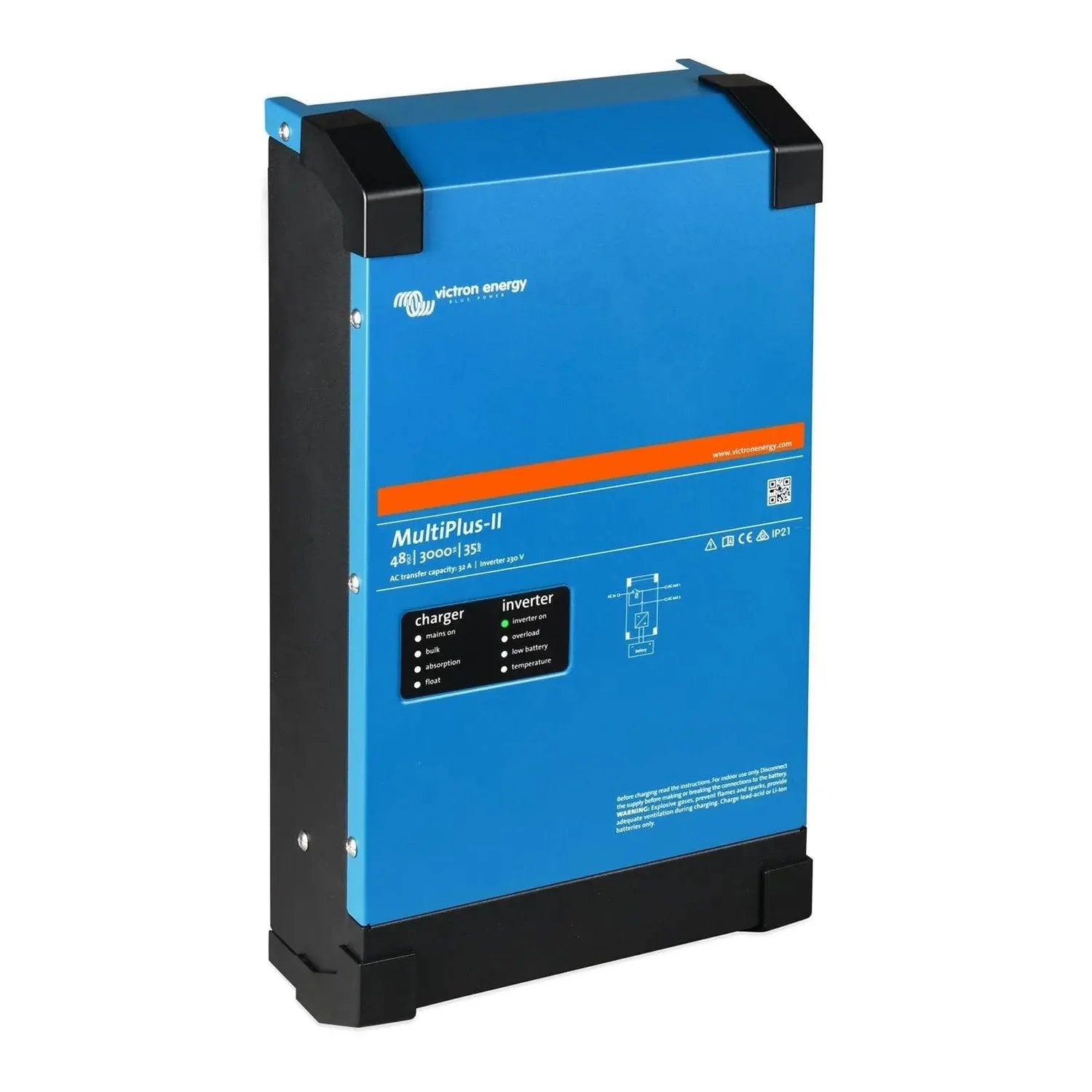 Victron Energy MultiPlus-II blue and black battery charger inverter unit with status indicator panel and mounting brackets.