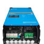 Victron MultiPlus-II inverter charger showing front panel with AC and battery terminals, green circuit boards, and status ind