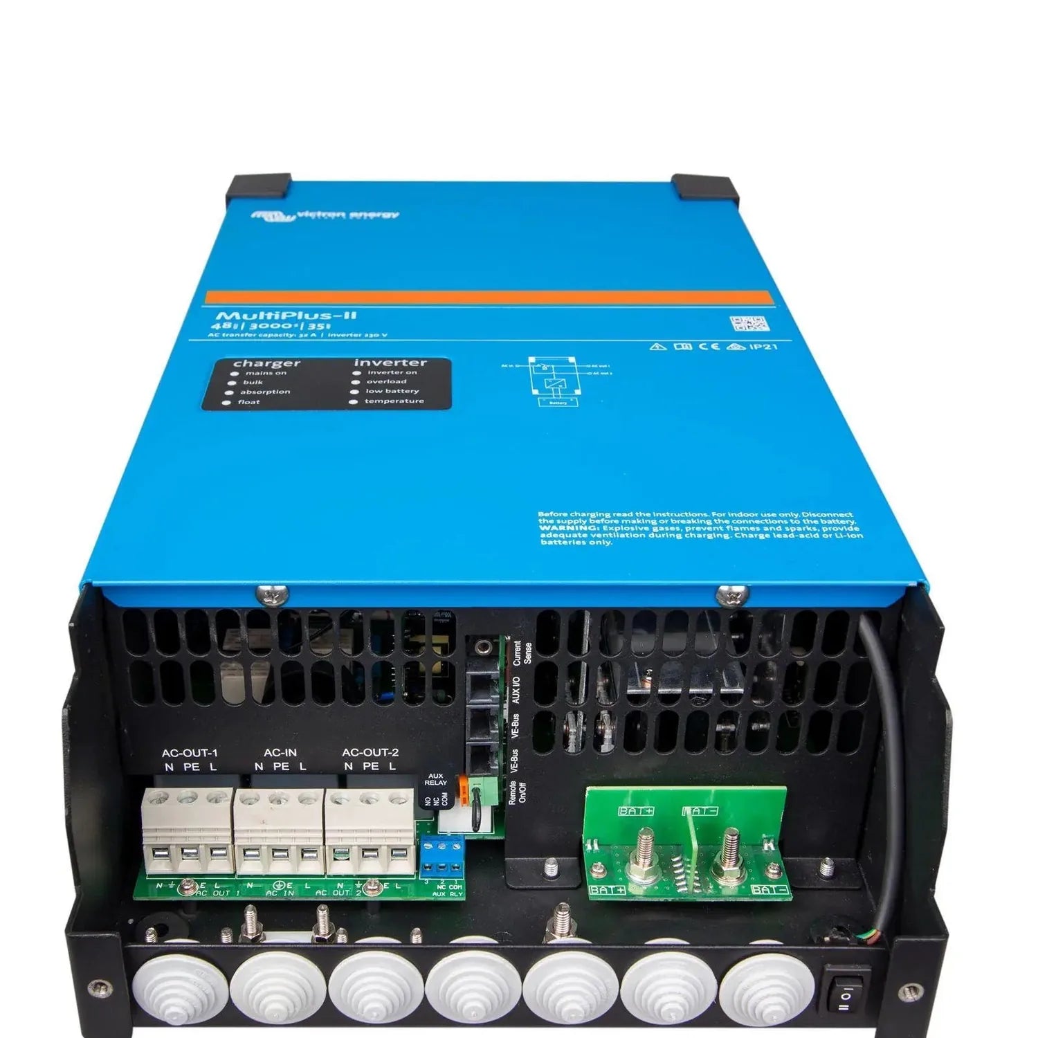 Victron MultiPlus-II inverter charger showing front panel with AC and battery terminals, green circuit boards, and status ind