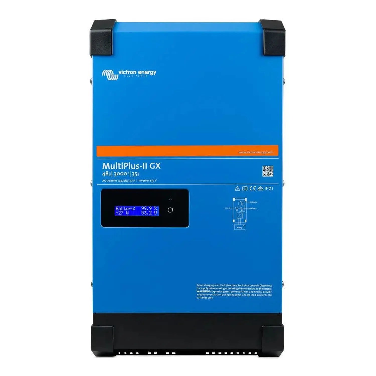 Victron Energy MultiPlus-II GX 48/3000/35 inverter charger with blue casing, digital display showing battery at 99.9% and 27.