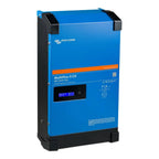 Blue and black Victron MultiPlus-II GX inverter charger with digital display showing battery voltage and current readings.