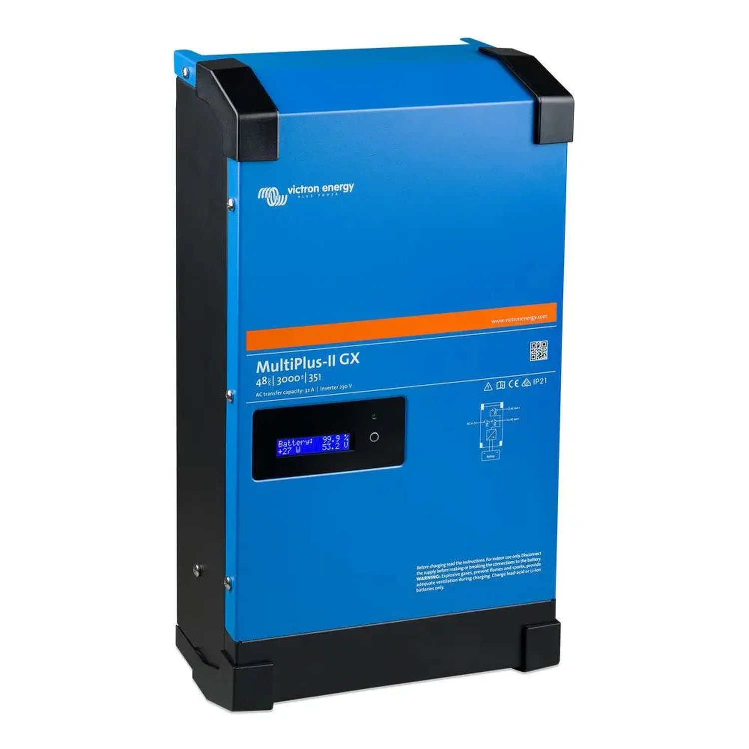 Blue and black Victron MultiPlus-II GX inverter charger with digital display showing battery voltage and current readings.