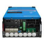 Victron MultiPlus-II inverter charger rear panel showing AC/DC terminals, cooling vents, and connection ports.