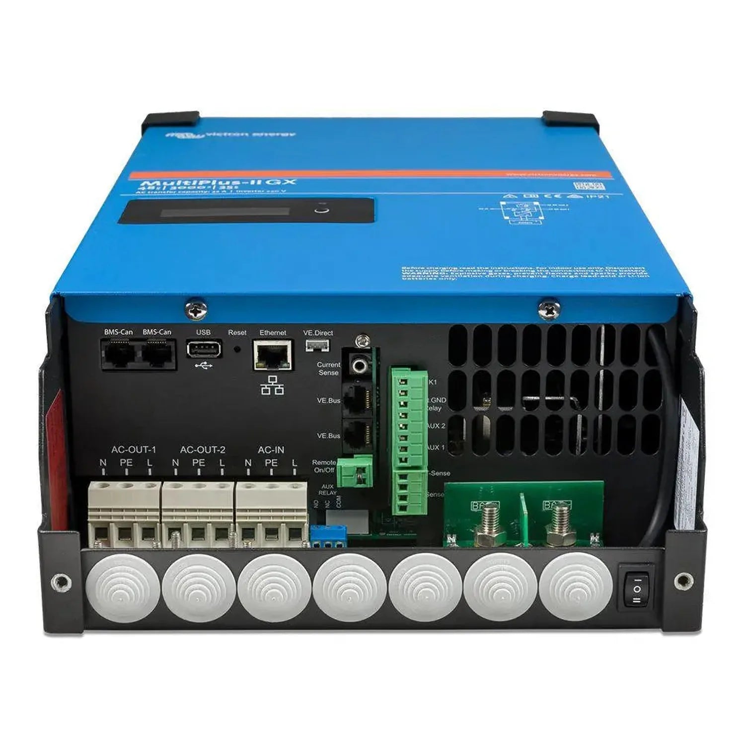 Victron MultiPlus-II inverter charger rear panel showing AC/DC terminals, cooling vents, and connection ports.