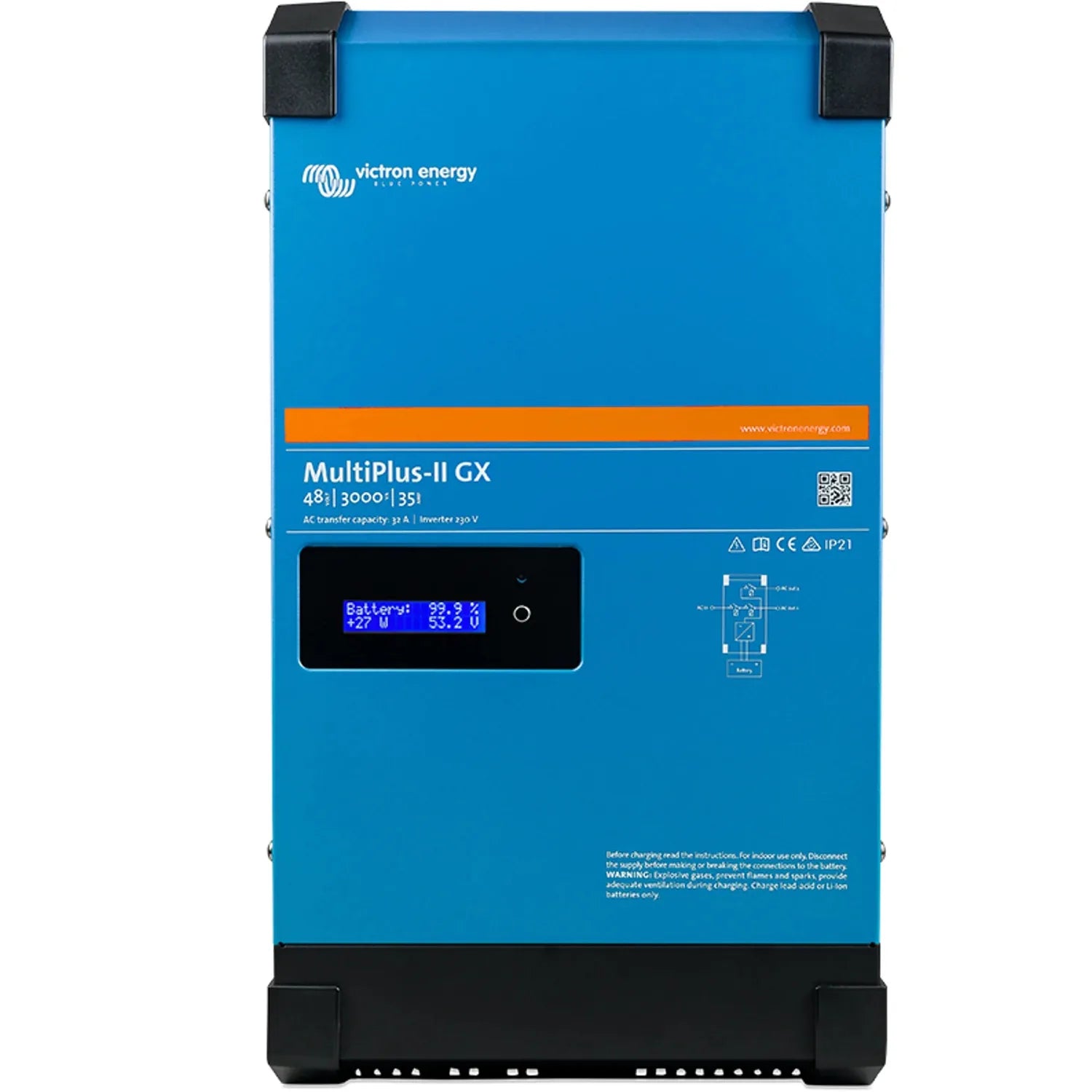 Victron Energy MultiPlus-II GX inverter charger with blue casing, digital display showing battery status at 99.9%, and black 