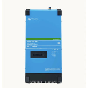 Victron EasySolar-II GX blue rectangular inverter with black corners and control panel, front view product photo.