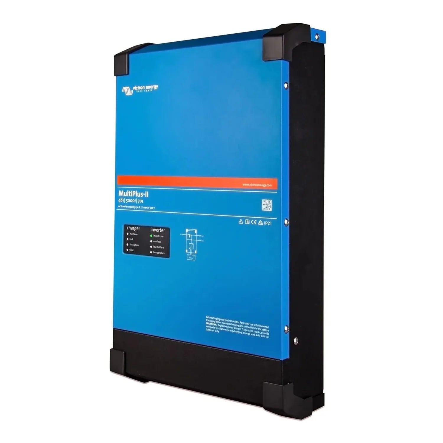 Victron Energy MultiPlus-II inverter charger, blue and black unit with charger and inverter status indicators on front panel.