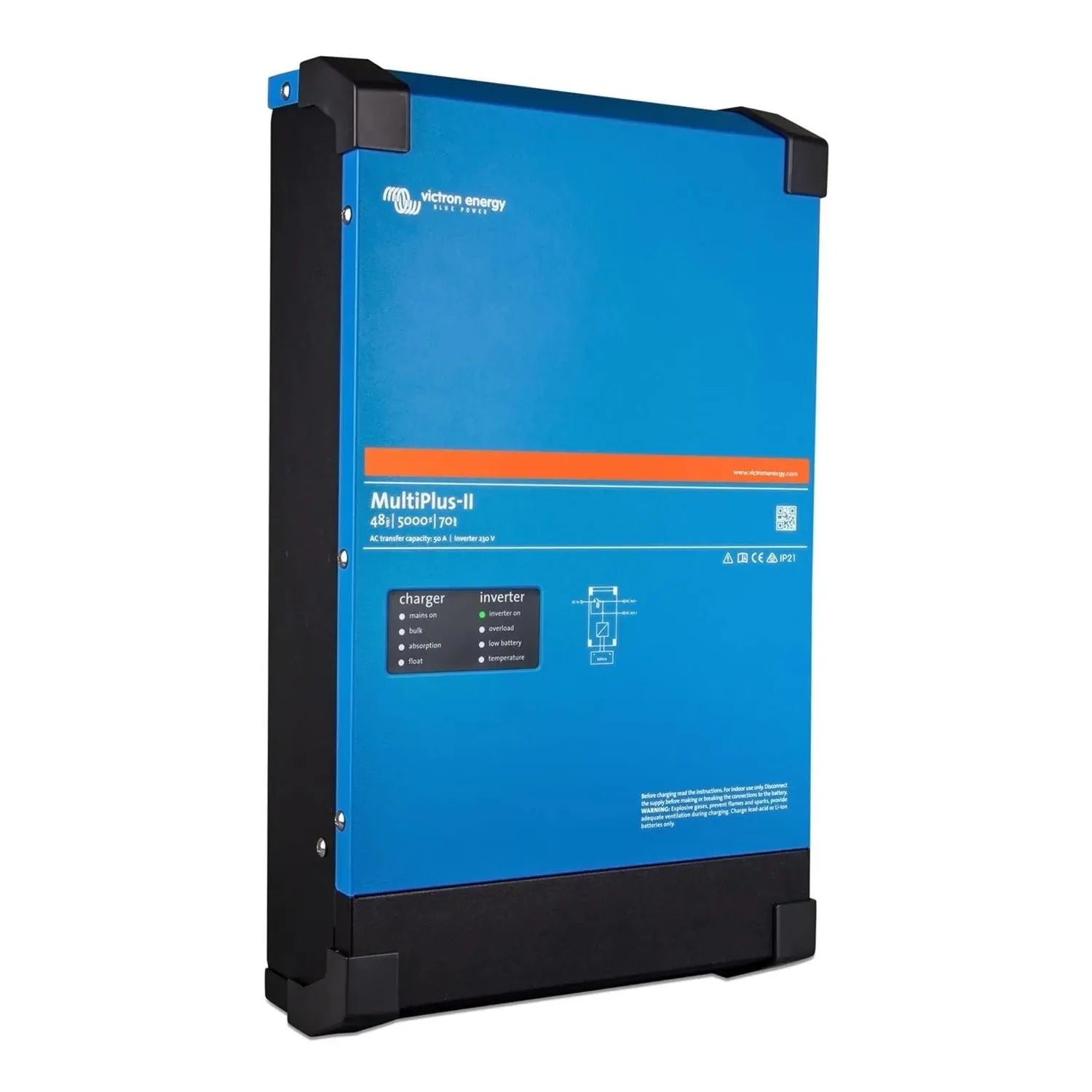 Victron MultiPlus-II 48/5000/70 inverter charger, blue and black rectangular unit with status indicators and connection diagr