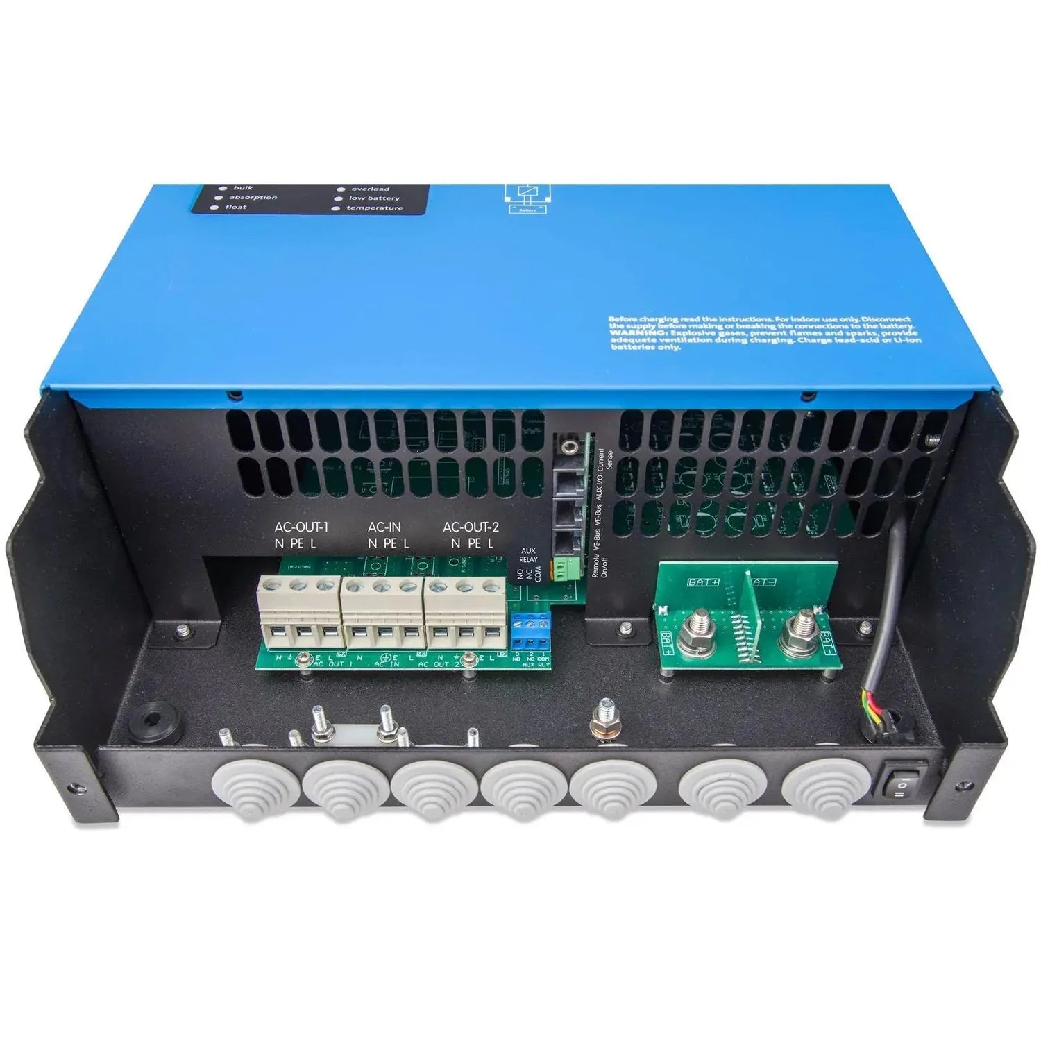 Interior view of blue and black inverter showing circuit boards, terminal connectors, and ventilation ports on underside.