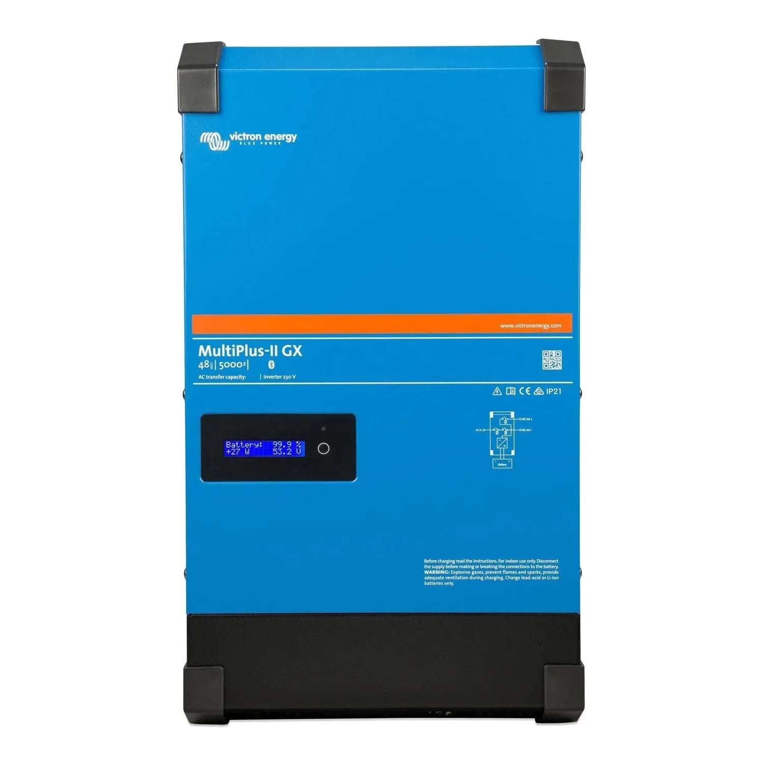 Victron Energy MultiPlus-II GX blue inverter charger with digital display showing battery voltage and current readings.