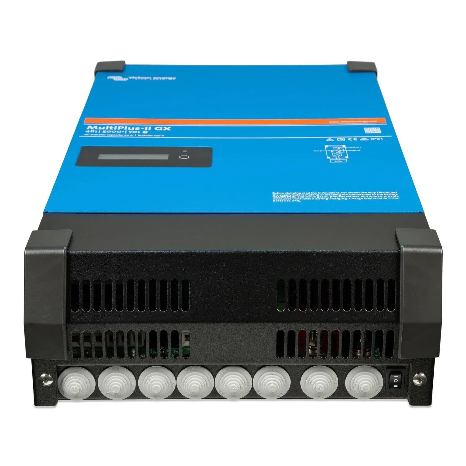 Victron MultiPlus-II GX inverter charger, front and top view showing blue upper panel with display screen, black lower case w