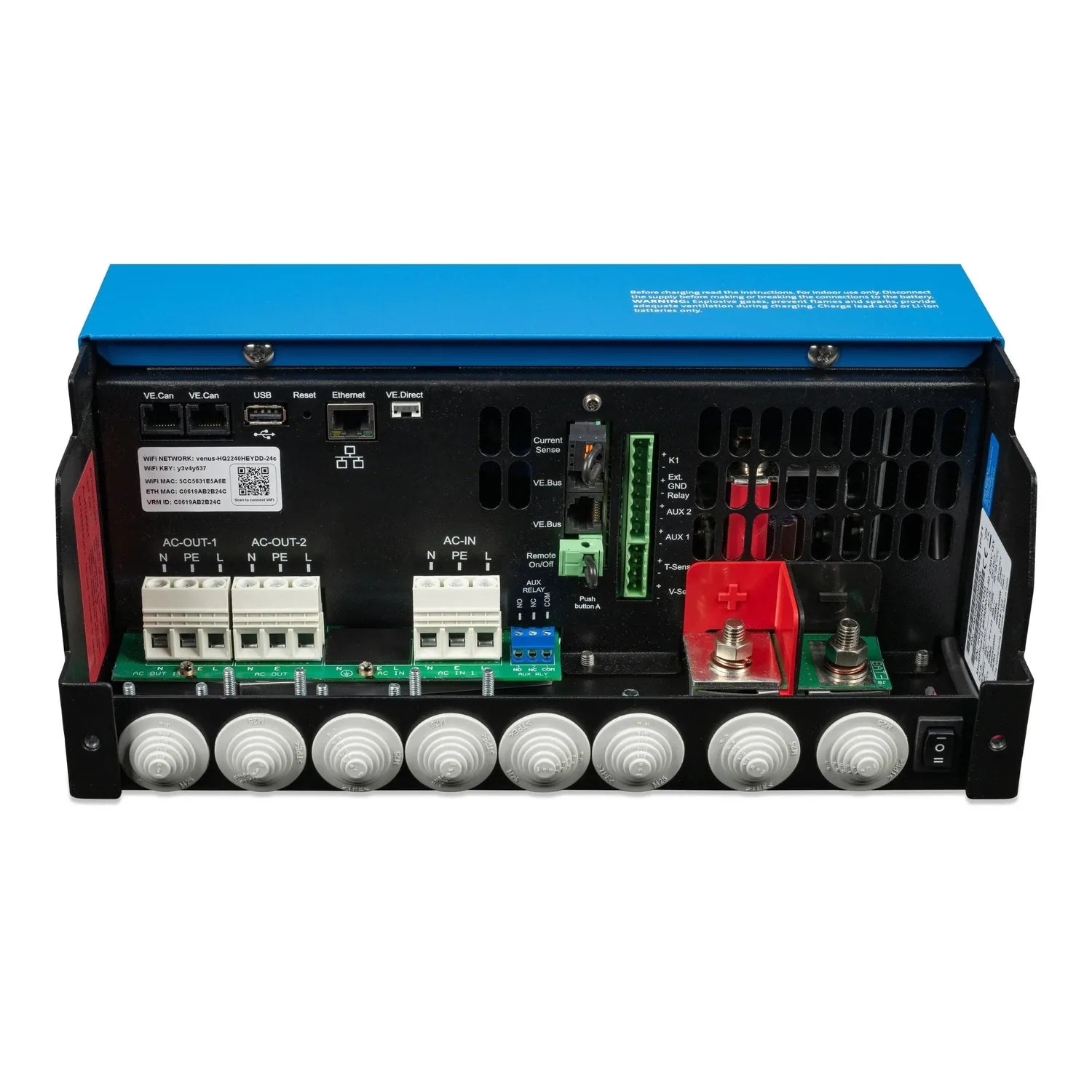 Interior view of Victron MultiPlus-II inverter charger showing circuit breakers, terminals, relay components, and cooling ven