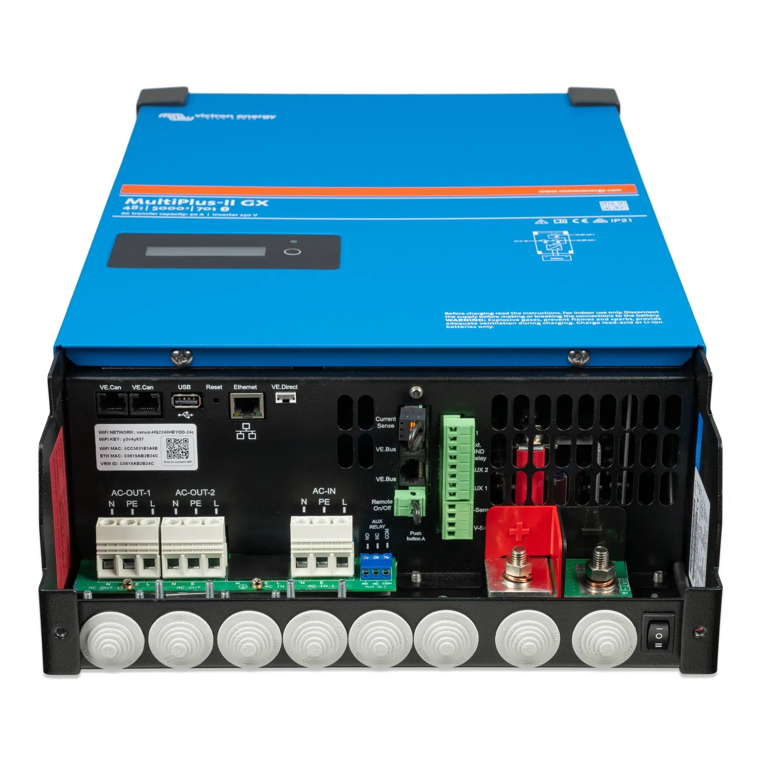 Victron MultiPlus-II GX inverter charger rear panel showing AC/DC terminals, VE.Can ports, USB, Ethernet, and internal compon