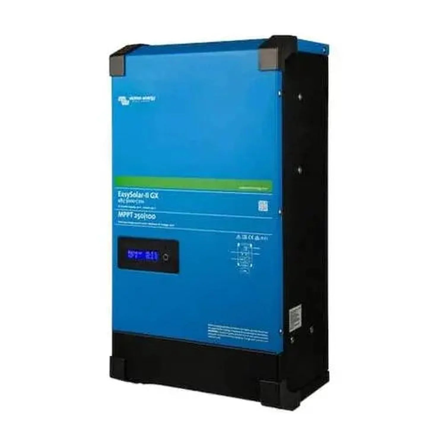 Victron EasySolar-II GX solar inverter charger with blue front panel, black frame, display screen, and mounting brackets agai