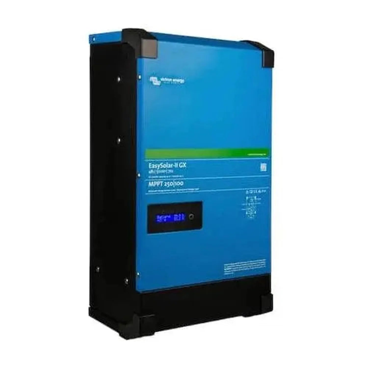 Victron EasySolar-II GX solar inverter charger with blue and black casing, digital display showing output, and MPPT 250/100 s