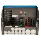 Rear panel view of Victron EasySolar-II solar inverter charger showing AC outlets, terminal connections, cooling vents, and c