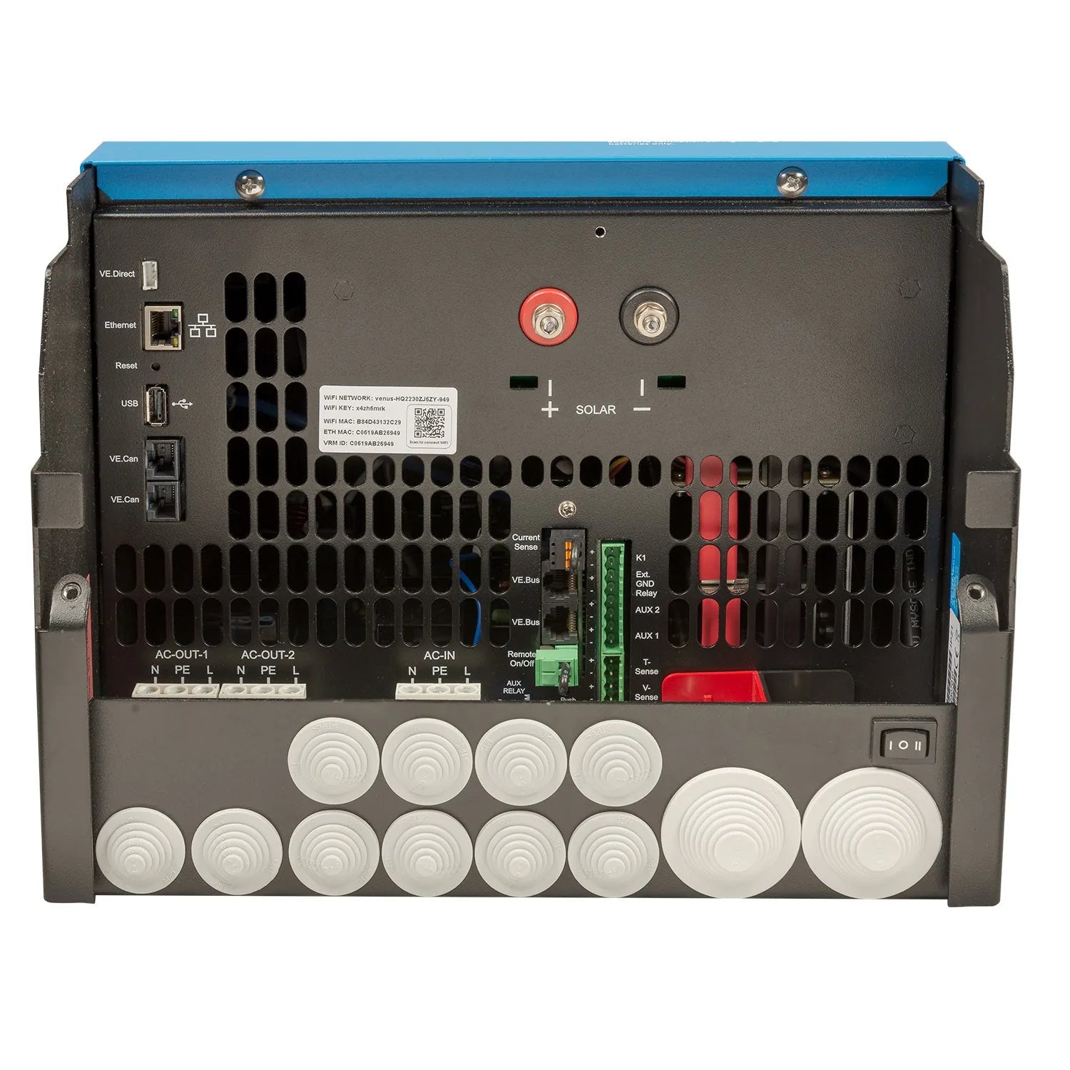 Rear panel view of Victron EasySolar-II solar inverter charger showing AC outlets, terminal connections, cooling vents, and c