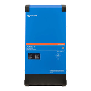 Victron Energy MultiPlus-II blue inverter charger unit with black corners and status indicator panel.
