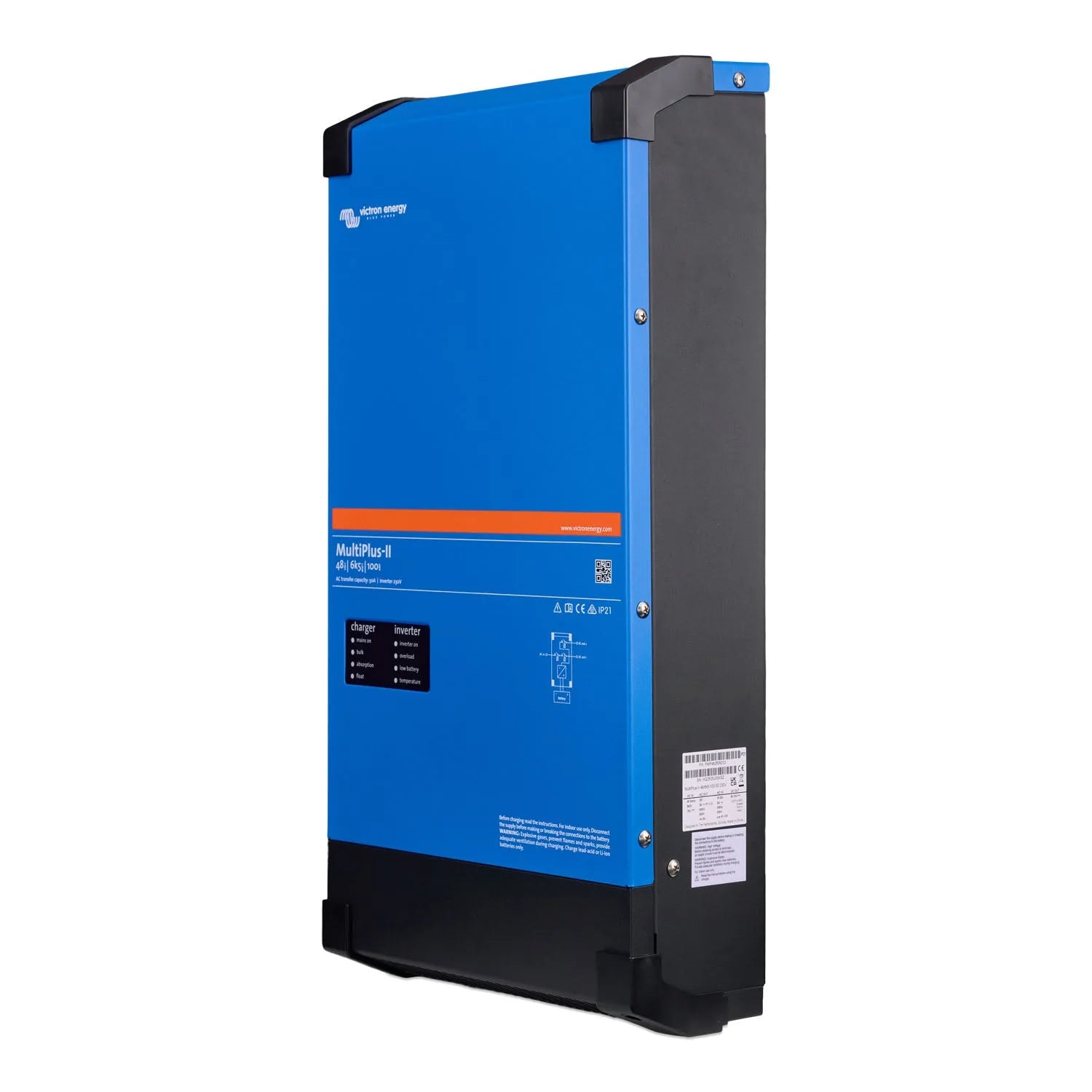 Victron MultiPlus-II blue and black wall-mounted inverter charger with orange accent stripe and status indicator lights.
