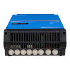 Front view of blue and black inverter charger with ventilation grilles, indicator lights, terminal blocks, and eight circular