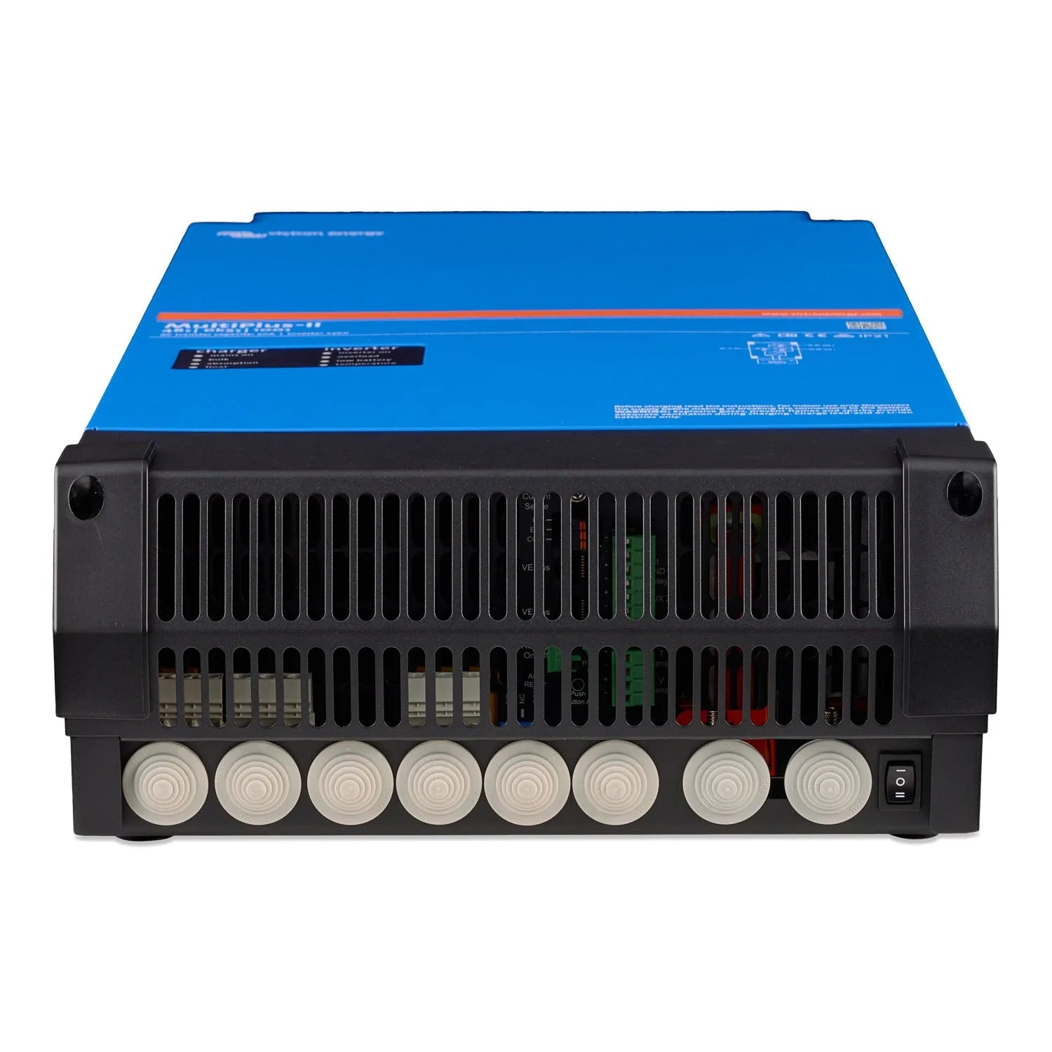 Front view of blue and black inverter charger with ventilation grilles, indicator lights, terminal blocks, and eight circular