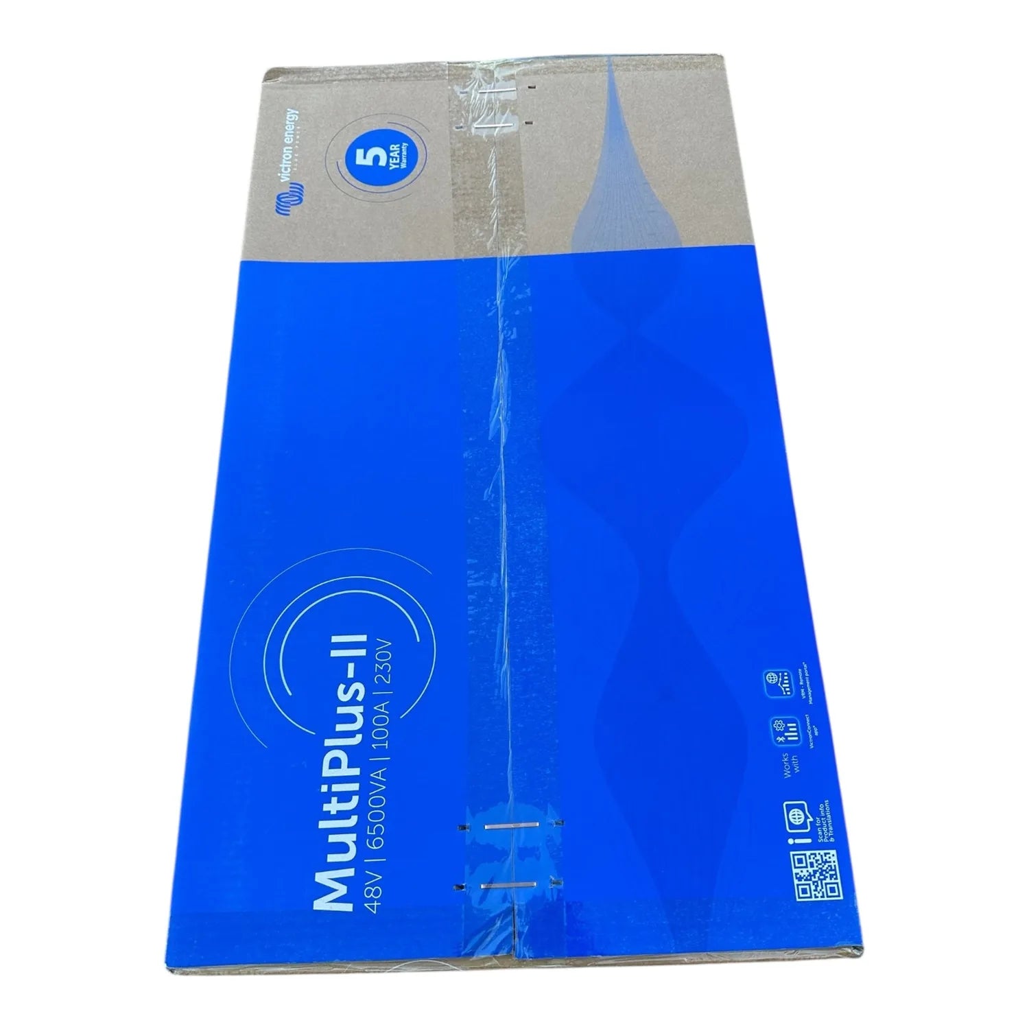 Victron MultiPlus-II inverter charger in blue and tan cardboard packaging, front view showing product name and 48V/6500VA/100