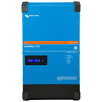 Victron Energy MultiPlus-II GX inverter charger with blue casing, digital display showing battery voltage, and black end caps