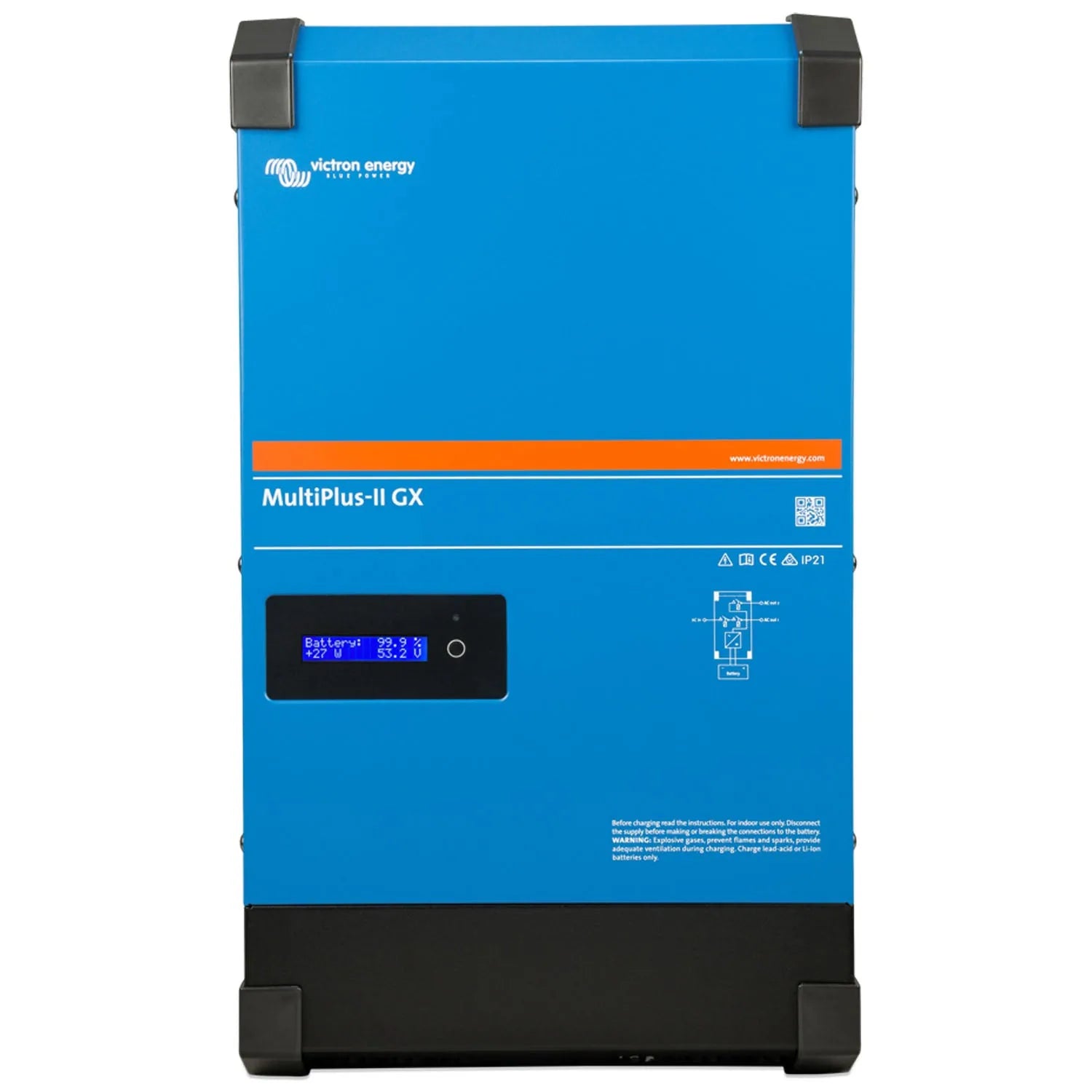 Victron Energy MultiPlus-II GX inverter charger with blue casing, digital display showing battery voltage, and black end caps