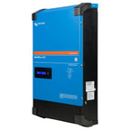Victron MultiPlus-II GX inverter charger, blue and black rectangular unit with digital display screen and certification label