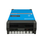 Victron MultiPlus-II GX inverter charger with blue top panel, black lower section with cooling vents, and eight connection te