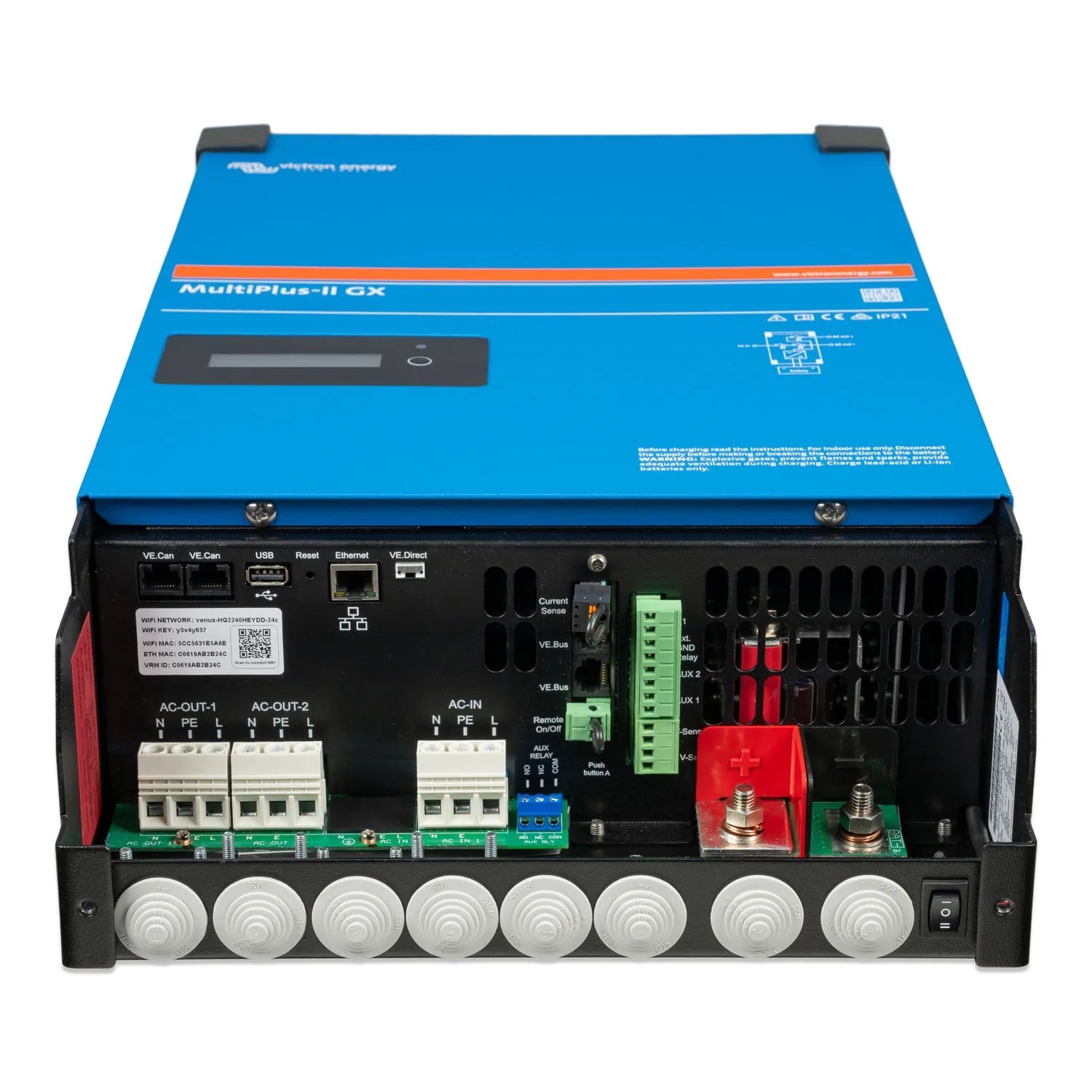 Victron MultiPlus-II GX inverter charger rear panel showing AC and DC terminals, connectivity ports, and internal components.