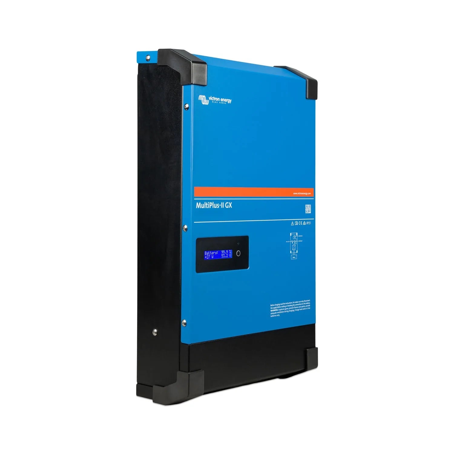 Victron Energy MultiPlus-II GX inverter charger with blue casing, digital display panel, and black mounting bracket, product 
