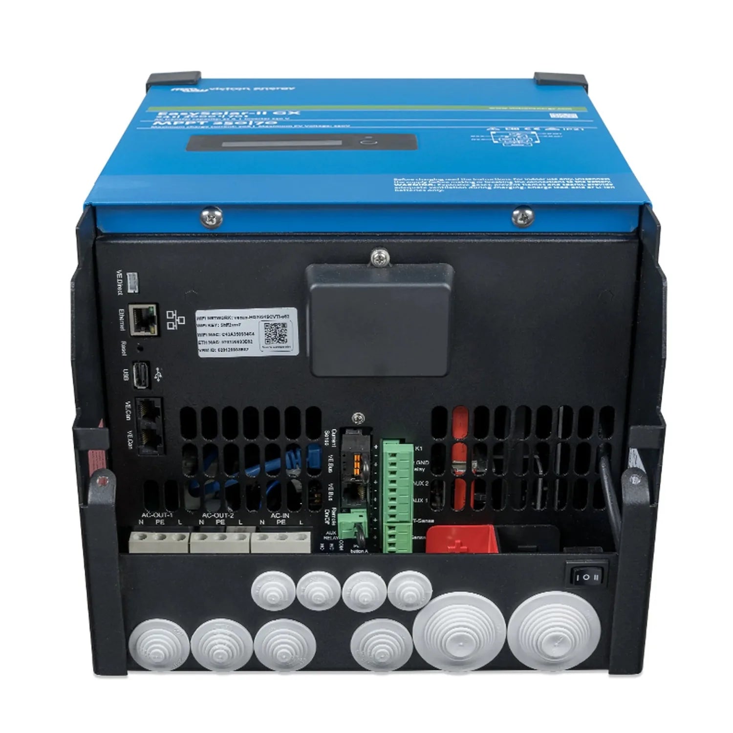 Rear panel of blue and black industrial power inverter showing AC/DC outlets, terminal blocks, cooling vents, and control con