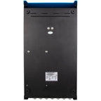 Back view of a black rectangular power inverter with blue top trim, showing mounting holes, indicator lights, cable terminals