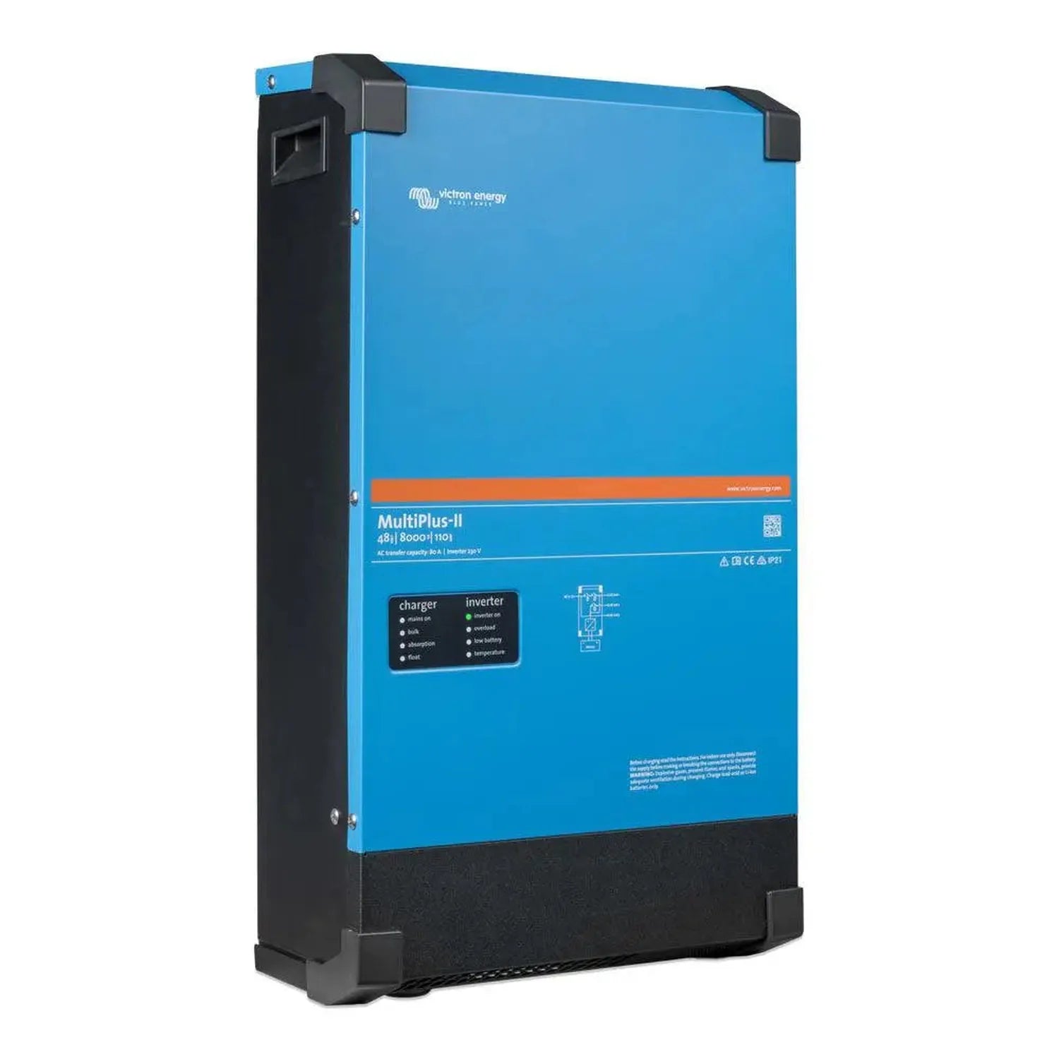 Victron Energy MultiPlus-II blue and black inverter charger unit with status indicator panel and black side handle mounted ve