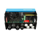 Victron MultiPlus-II inverter charger shown from front and top view, displaying internal circuitry, connectors, cooling fans,