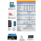 Victron MultiPlus-II 48/8000/110-100 inverter charger with specifications table, control interfaces, mobile app, and accessor