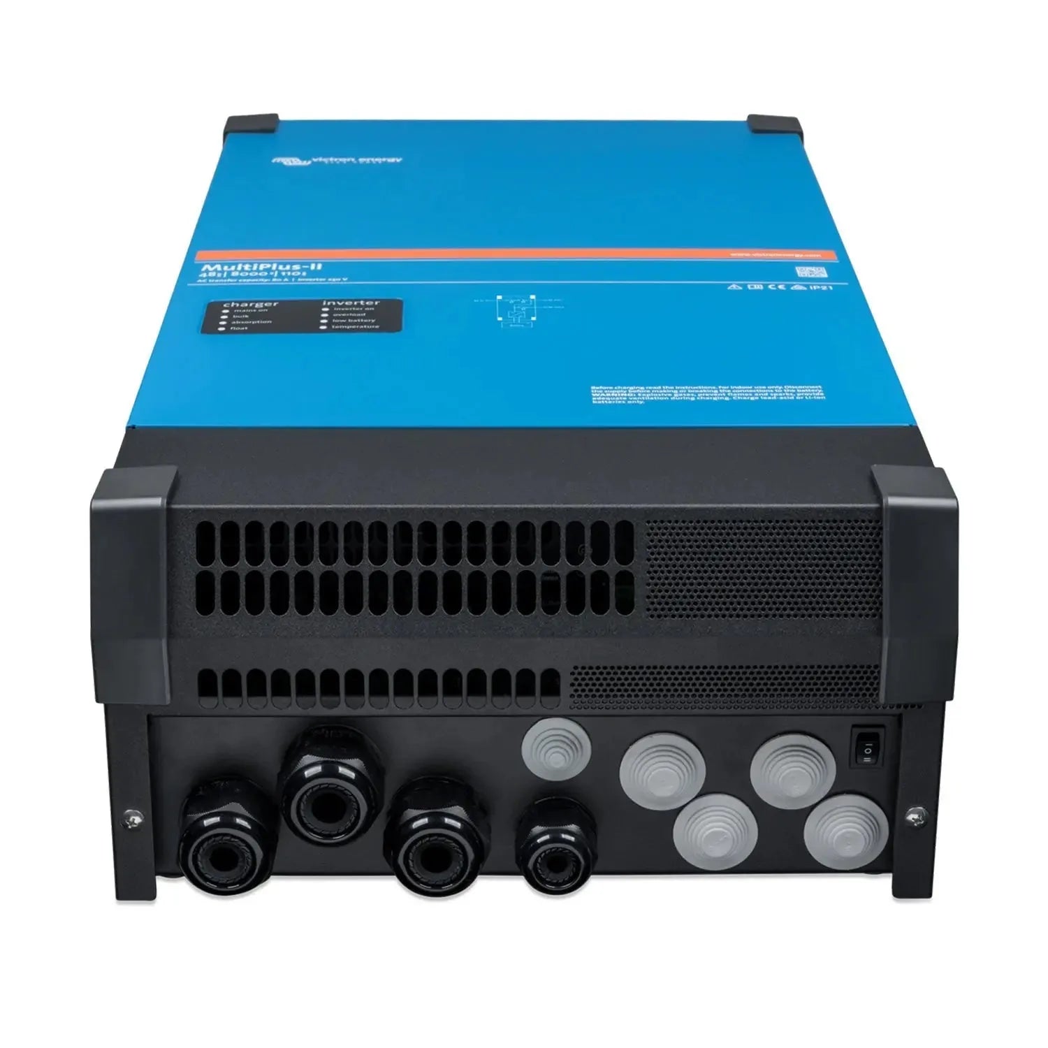 Rear view of blue and black Victron MultiPlus-II inverter charger showing ventilation grilles and multiple electrical connect