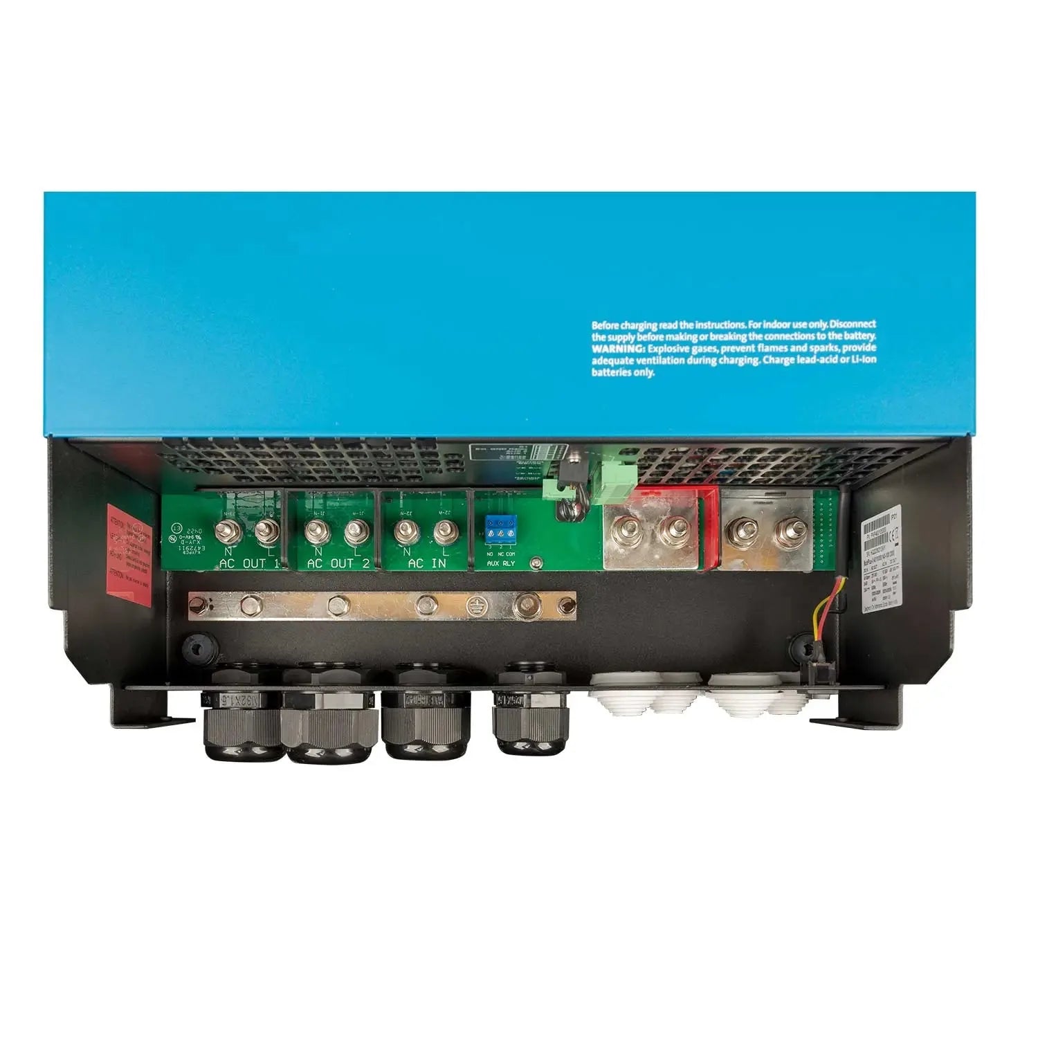 Interior view of Victron MultiPlus-II inverter charger showing green circuit board, terminal connections, and blue cover with
