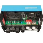 Top-down view of Victron MultiPlus-II inverter charger showing internal circuitry, green terminal board, cooling fans, and co